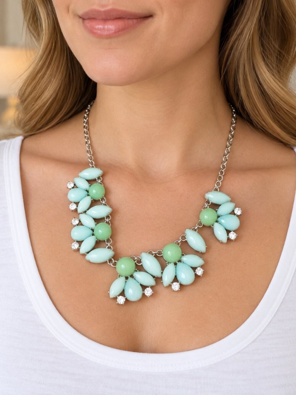 Charming Charlie Faux Turquoise Floral Rhinestone Statement Necklace Boho